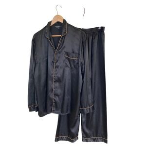 Alexander Del Rossa Mens Black Satin Pajama Set Gold Piping Size L 2 Piece PJs